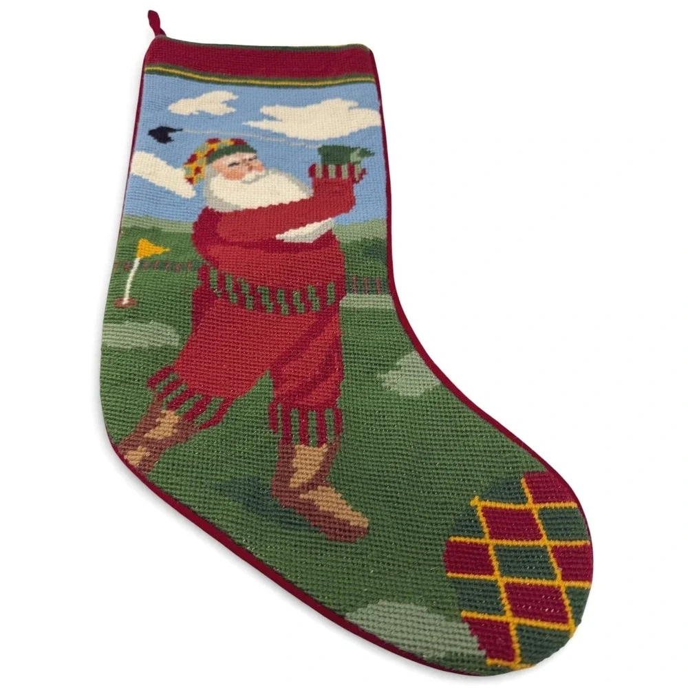 Handmade Needlepoint Santa Golf Christmas Stocking Red Green Velvet Back